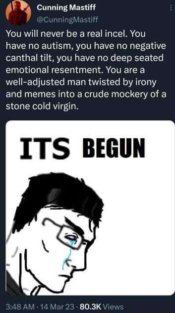 B Cunning Mastiff inningMastiff You will never be a real incel You have no autism you have no negative canthal tilt you have no deep seated emotional resentment You are a R VSl My ET RS Cle RoVAT o131 and memes into a crude mockery of a stone cold virgin 3 803KV
