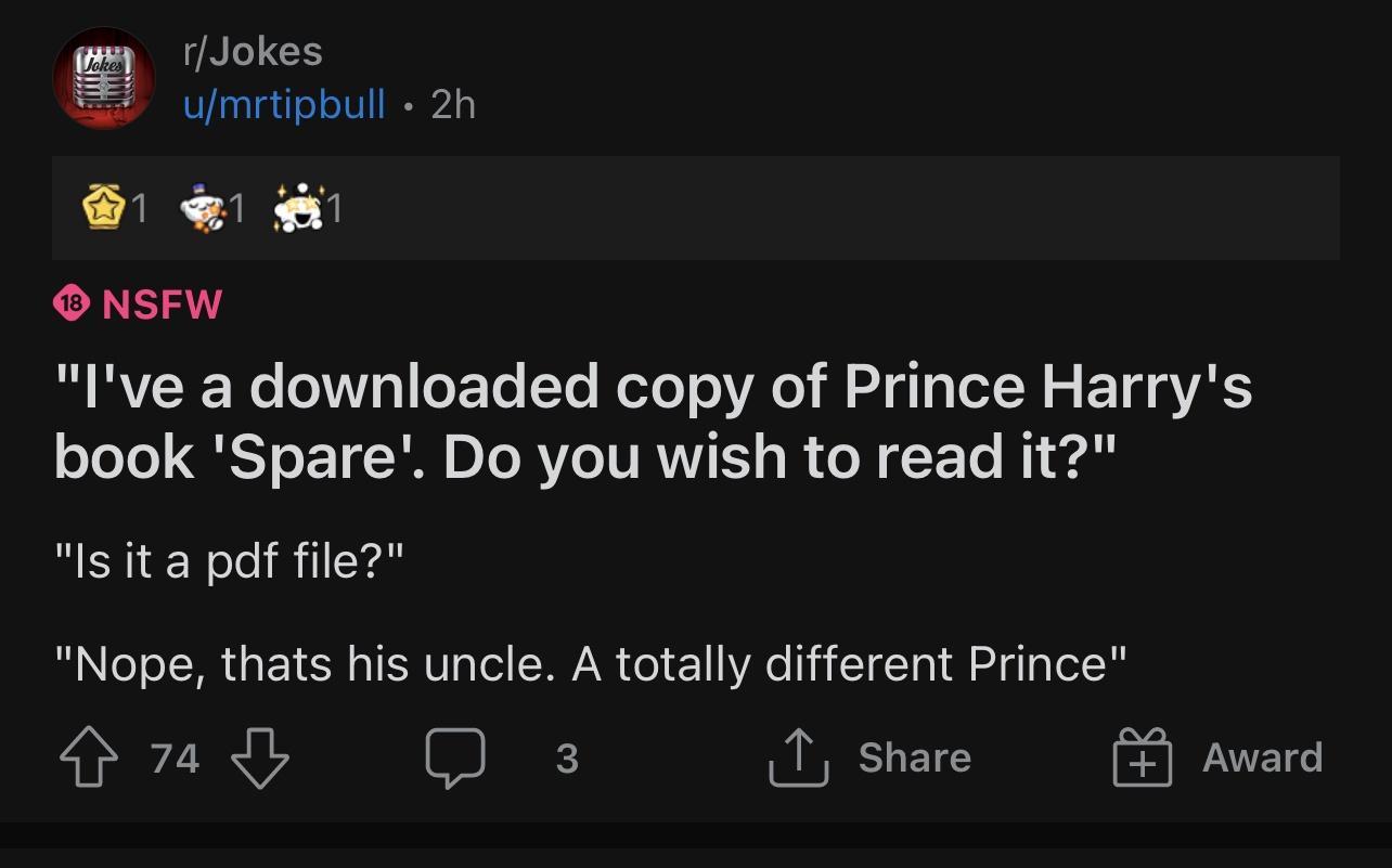 rldokes 8 Uncioou 2n 7 NSFW Ive a downloaded copy of Prince Harrys book Spare Do you wish to read it Is it a pdf file Nope thats his uncle A totally different Prince R T share