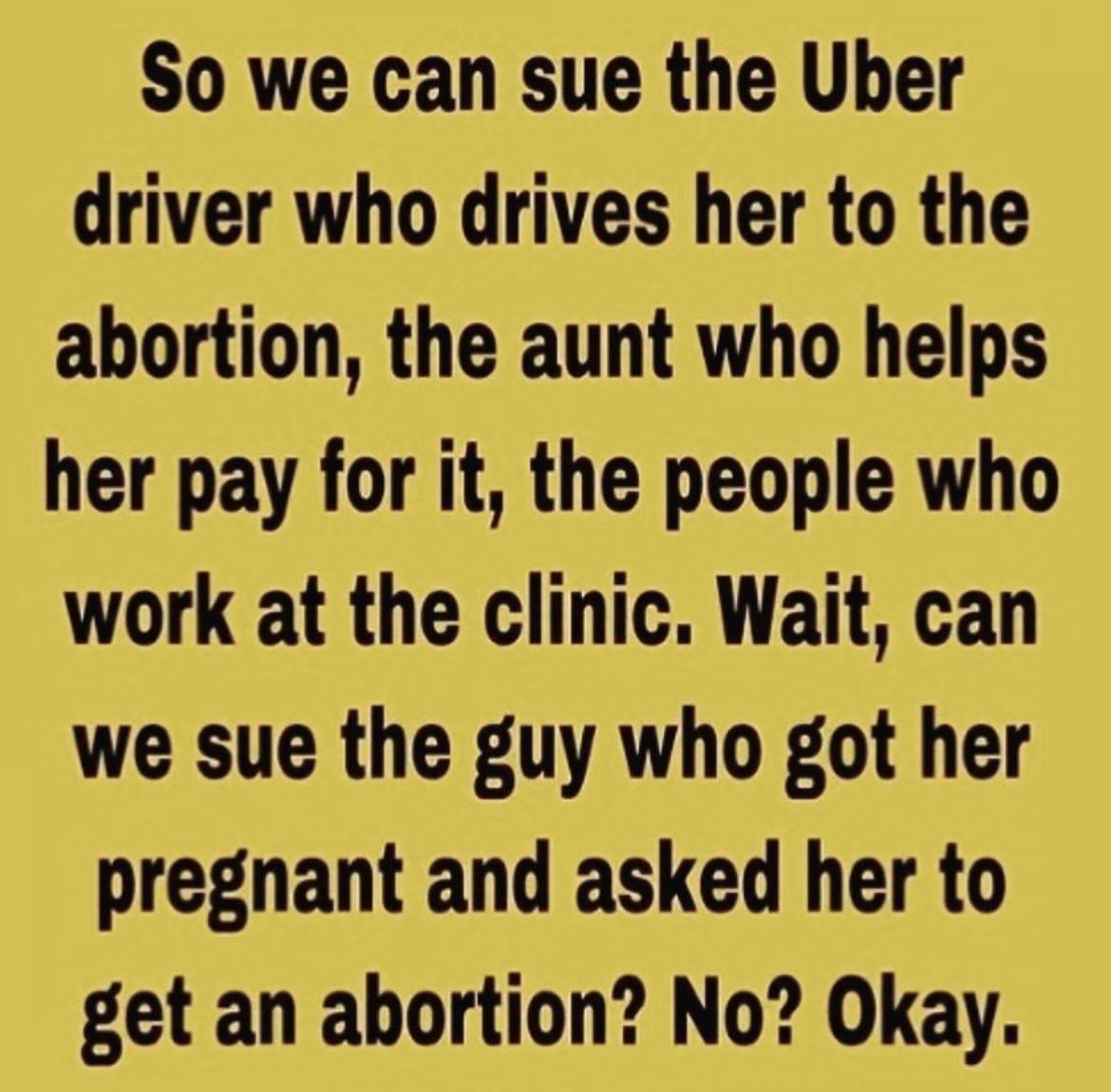 So we can sue the Uber driver who drives her to the abortion the aunt who helps her pay for it the people who work at the clinic Wait can we sue the guy who got her pregnant and asked her to get an abortion No Okay