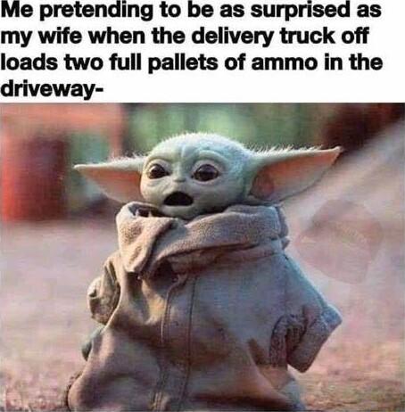 Me pretending to be as surprise my wife when the delivery truck off loads two full pallets of ammo in the driveway