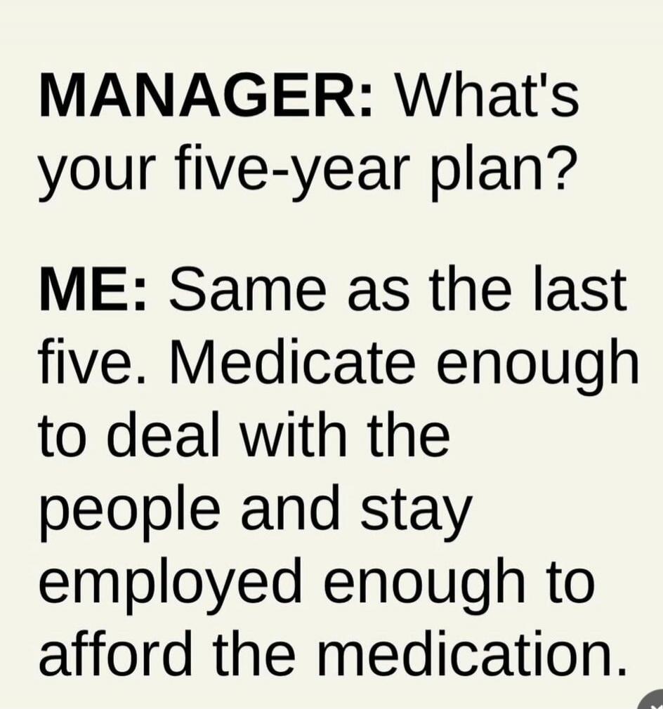 MANAGER: What's your five-year plan? ME: Same as the last five. Medicate enough to deal with the people and stay employed enough to afford the medication.