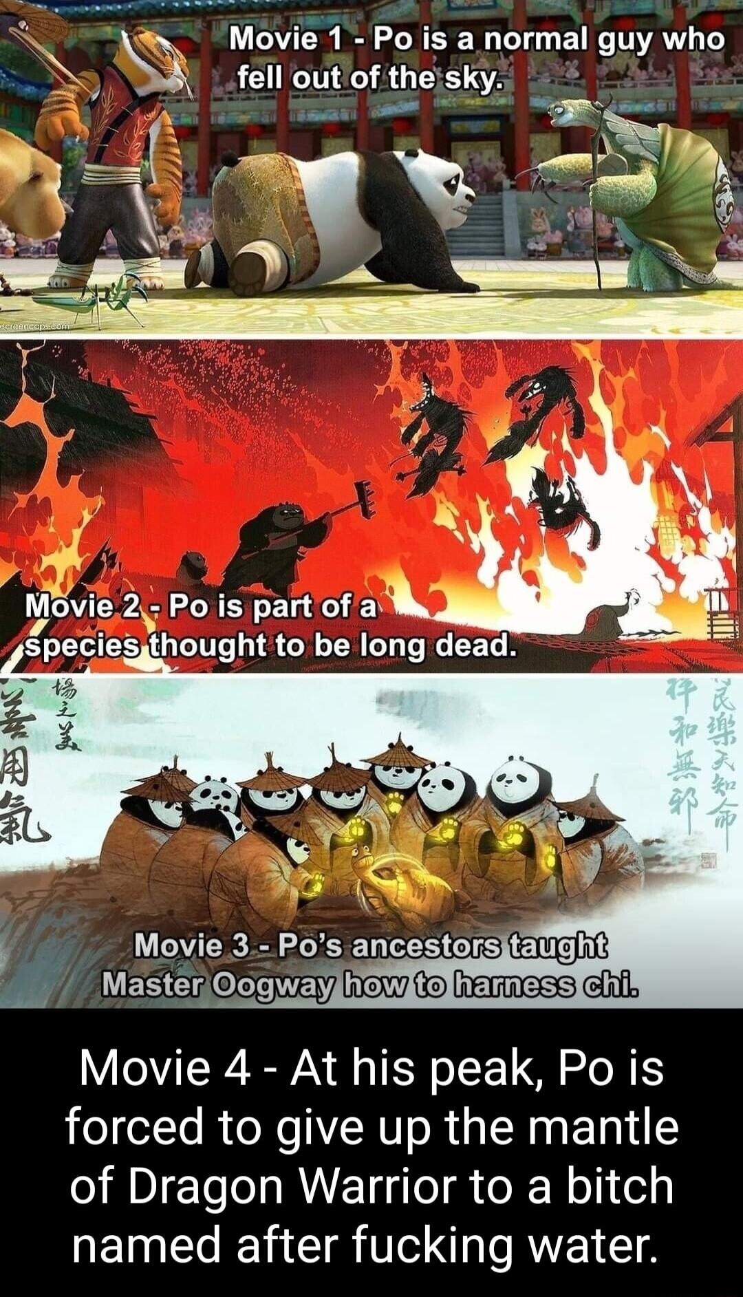 Movie 1 Po is a normal guy who fell out of theisky Movie 3 Pos ancestorsjtaught WESEr e Tey iow o hermess ek Movie 4 At his peak Po is forced to give up the mantle of Dragon Warrior to a bitch named after fucking water