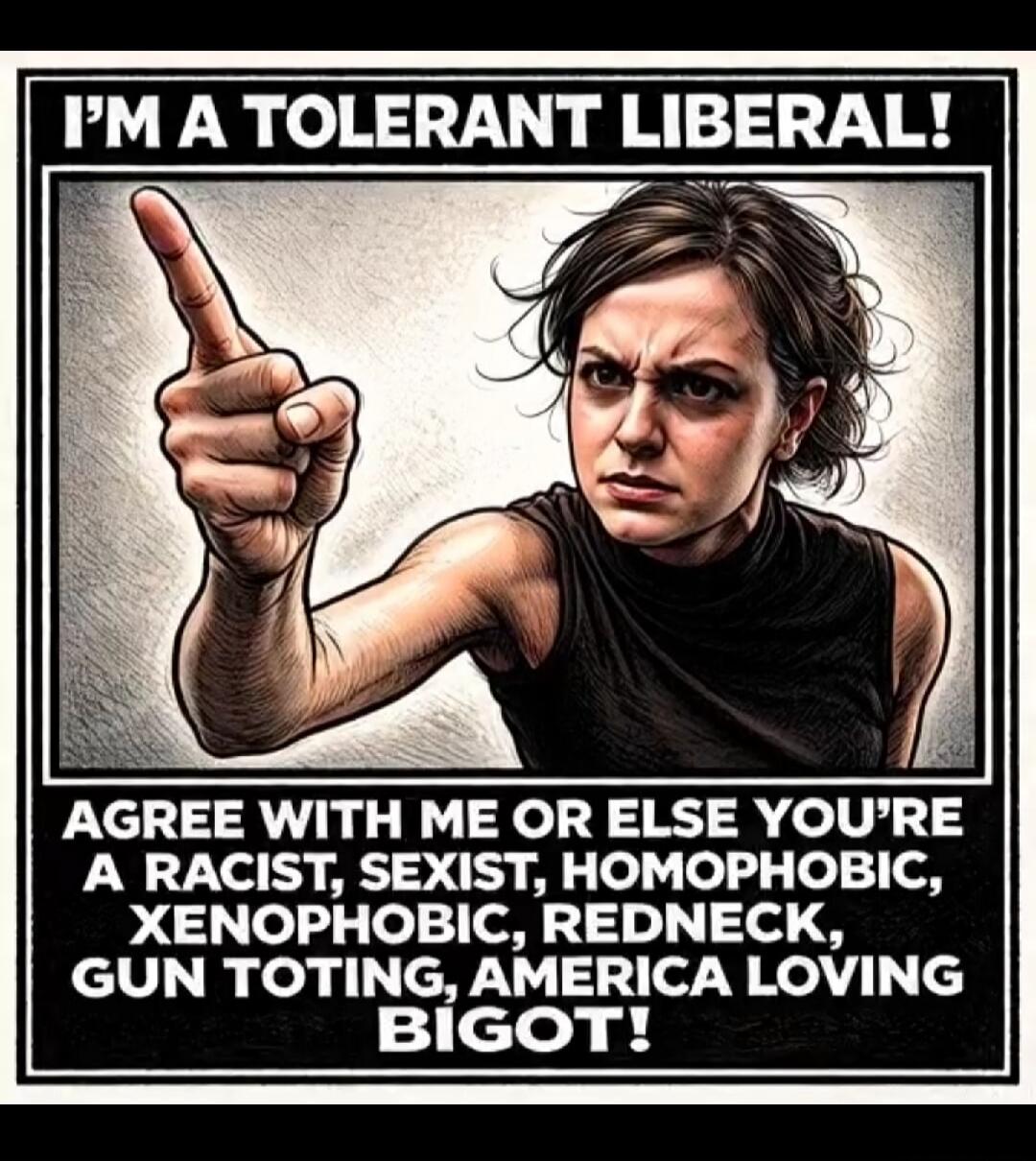 I'M A TOLERANT LIBERAL! AGREE WITH ME OR ELSE YOU'RE A RACIST, SEXIST, HOMOPHOBIC, XENOPHOBIC, REDNECK, GUN TOTTING, AMERICA LOVING BIGOT!