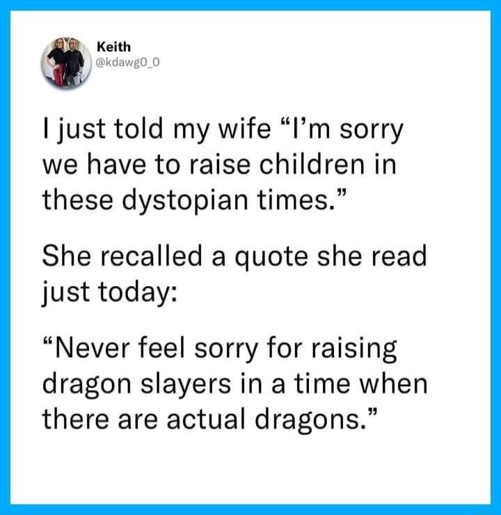 G Keith ahdawg00 just told my wife Im sorry we have to raise children in these dystopian times She recalled a quote she read just today Never feel sorry for raising dragon slayers in a time when there are actual dragons