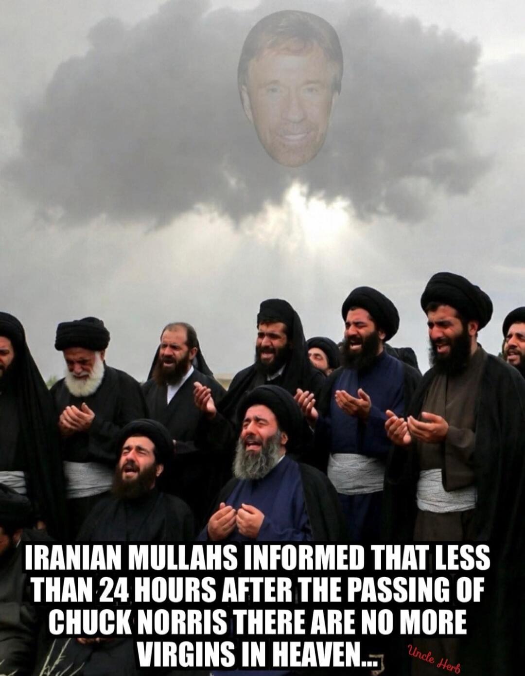 IRANIAN MULLAHS INFORMED THAT LESS THAN 24 HOURS AFTER THE PASSING OF CHUCK NORRIS THERE ARE NO MORE VIRGINS IN HEAVEN... Uncle Herb