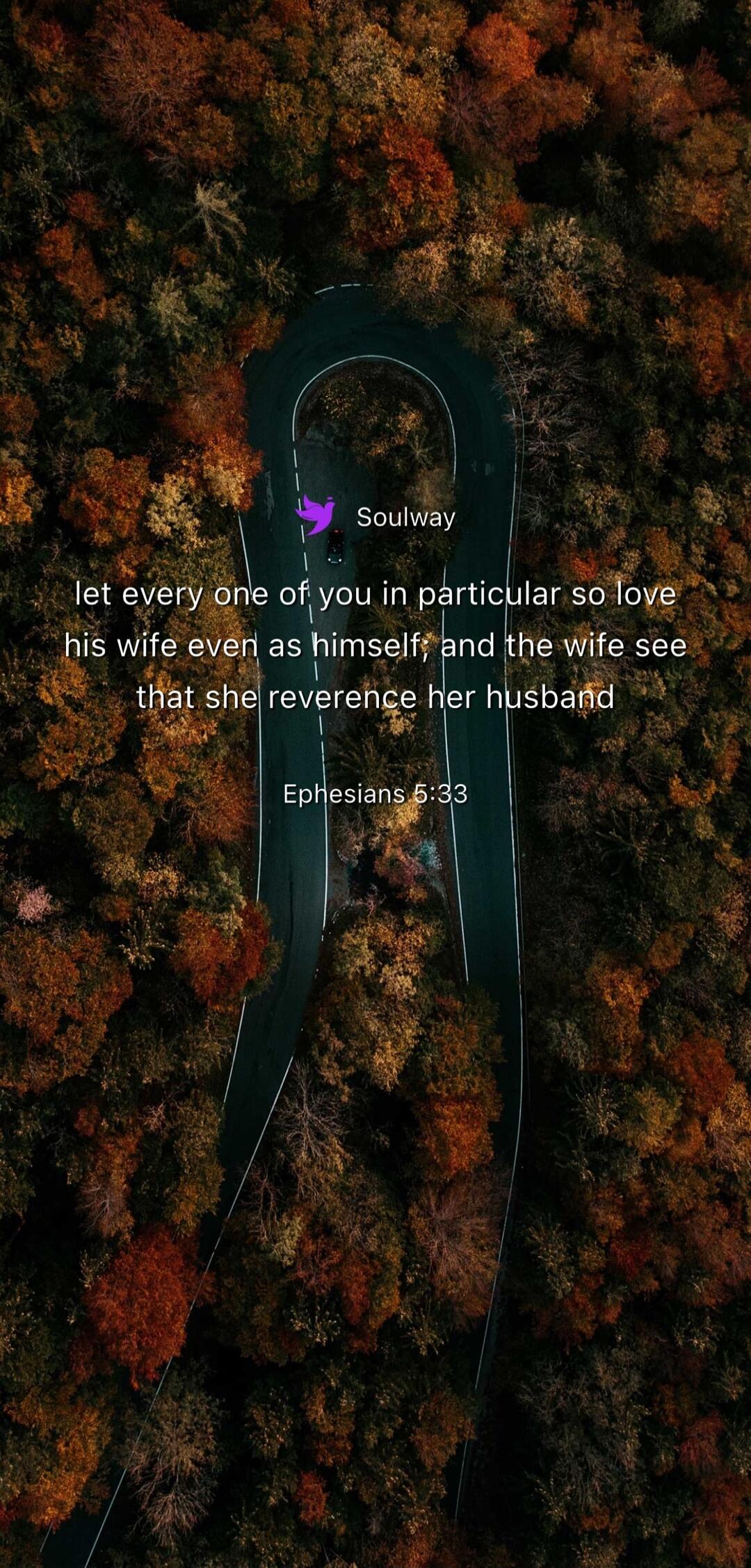 Soulway let every one of you in particular so love his wife even as himself; and the wife see that she reverence her husband Ephesians 5:33