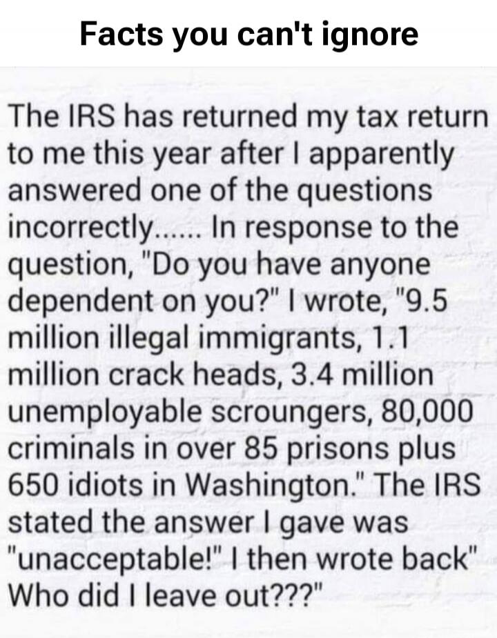 Facts you can't ignore. The IRS has returned my tax return to me this year after I apparently answered one of the questions incorrectly... In response to the question, 