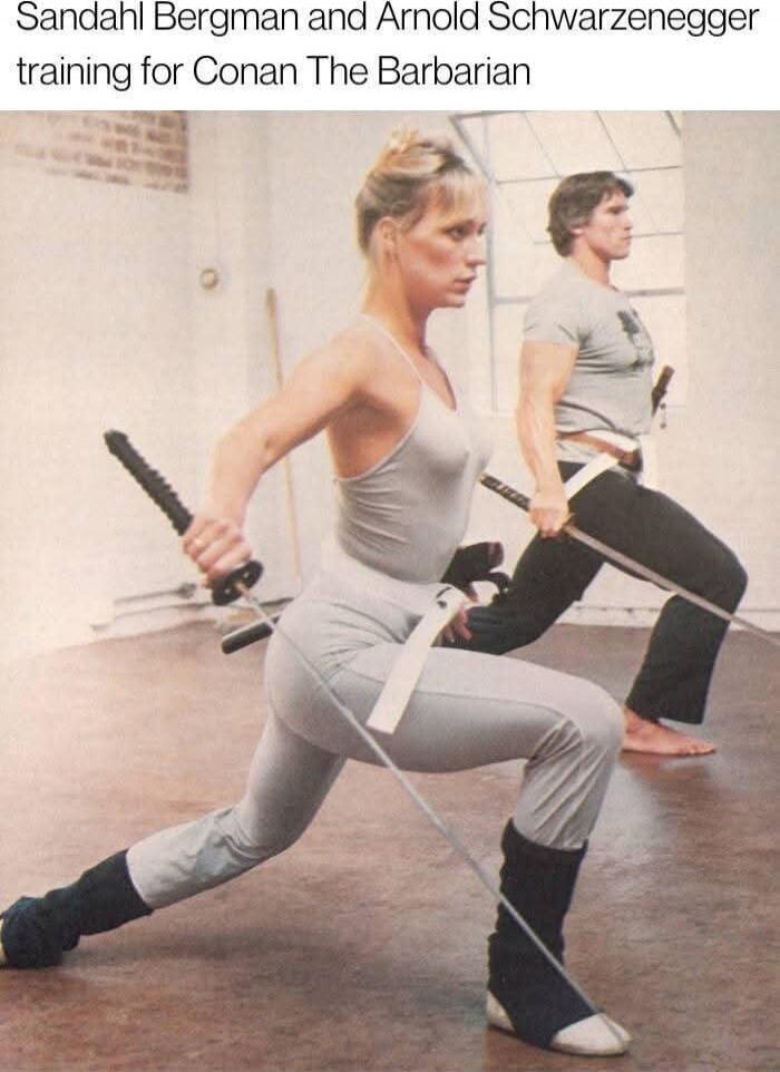 Sandahl Bergman and Arnold Schwarzenegger training for Conan The Barbarian
