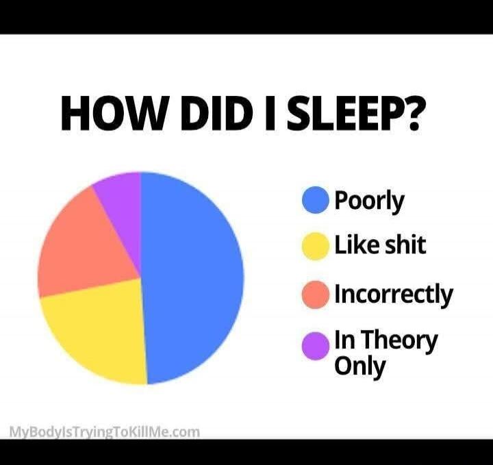 HOW DID I SLEEP?
Blue – Poorly
Yellow – Like shit
Orange – Incorrectly
Purple – In Theory Only
( watermark: MyBodyIsTryingToKillMe.com )