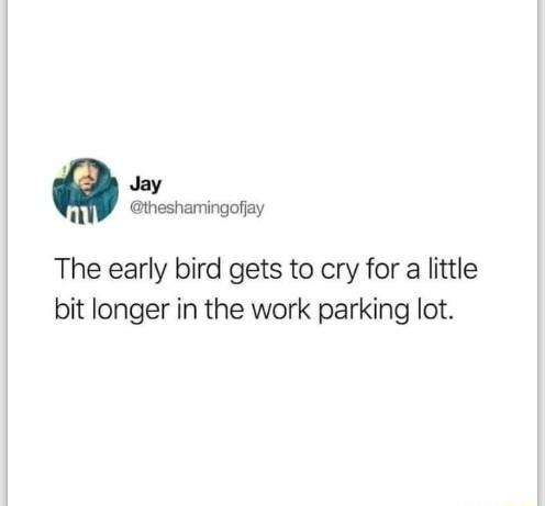 Jay n theshamingofiay The early bird gets to cry for a little bit longer in the work parking lot