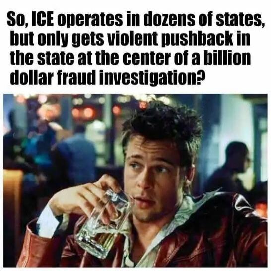 So, ICE operates in dozens of states, but only gets violent pushback in the state at the center of a billion dollar fraud investigation?