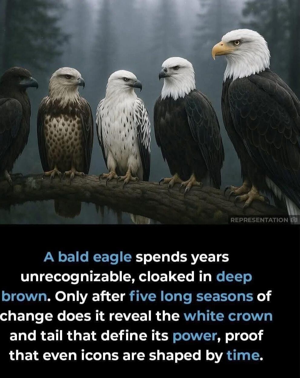 A bald eagle spends years unrecongnizable, cloaked in deep brown. Only after five long seasons of change does it reveal the white crown and tail that define its power, proof that even icons are shaped by time.