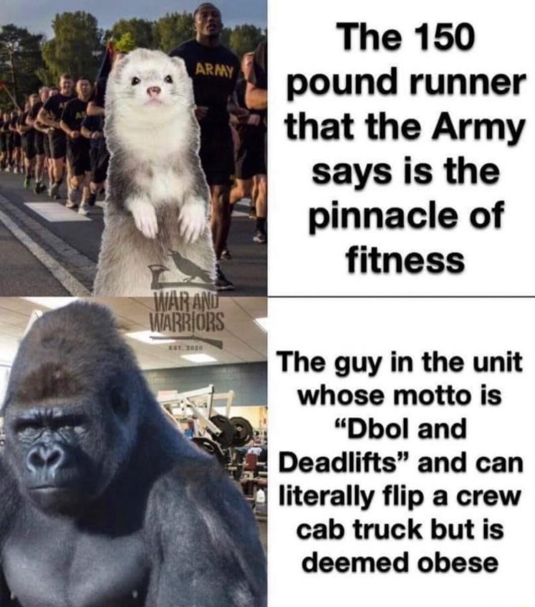 The 150 pound runner that the Army says is the pinnacle of fitness whose motto is Dbol and E Deadlifts and can J literally flip a crew cab truck but is deemed obese