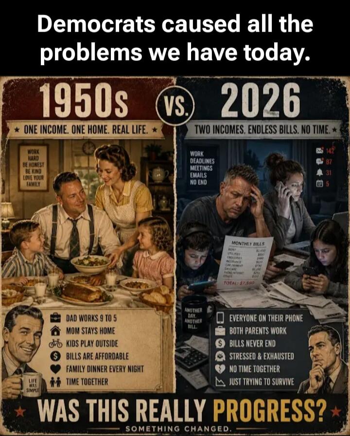 Democrats caused all the problems we have today. 1950s VS. 2026. ONE INCOME. ONE HOME. REAL LIFE. WORK HARD BE HONEST BE KIND LOVE YOUR FAMILY. DAD WORKS 9 TO 5. MOM STAYS HOME. KIDS PLAY OUTSIDE. BILLS ARE AFFORDABLE. FAMILY DINNER EVERY NIGHT. TIME TOGETHER. LIFE WAS SIMPLE. TWO INCOMES. ENDLESS BILLS. NO TIME. WORK DEADLINES MEETINGS EMAILS NO E