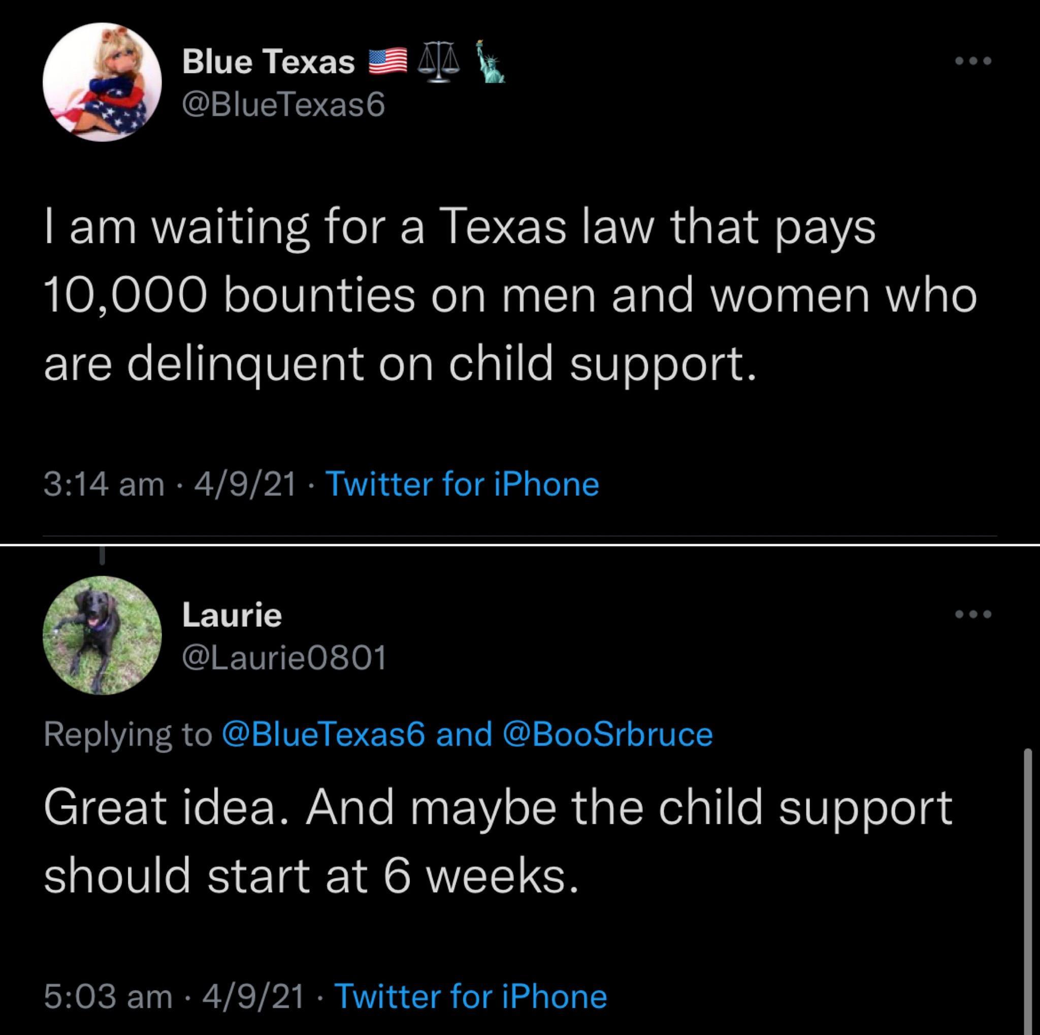 Blue Texas L y BlueTexas6 am waiting for a Texas law that pays 10000 bounties on men and women who are delinquent on child support 314 am 4921 Twitter for iPhone Laurie Laurie0801 RETO Ve R o NCY 2 VIY VET SRTale HCU SeTo o g o W 1 Great idea And maybe the child support should start at 6 weeks 503 am 4921 Twitter for iPhone