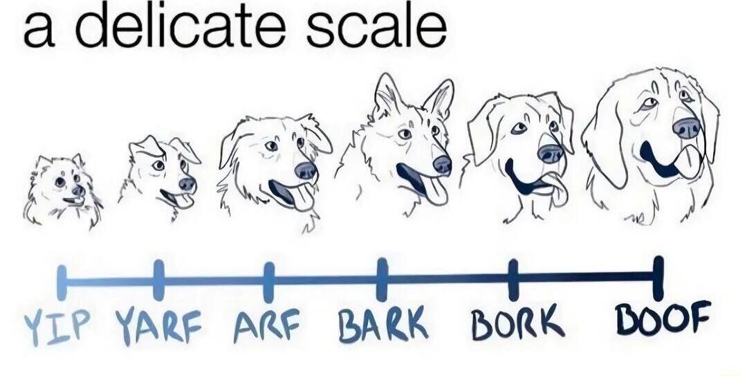 a delicate scale anda t YIP YARF ARE BARK BORK DOOF