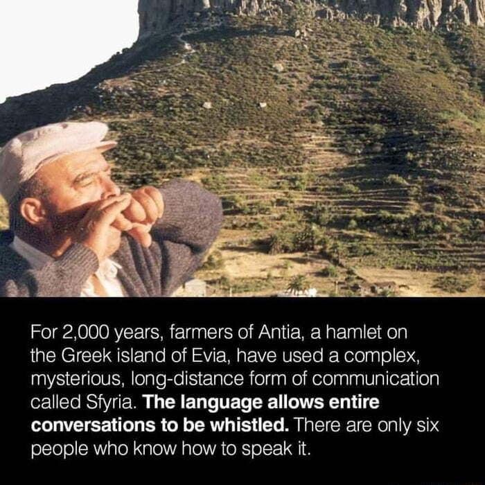 For 2000 years farmers of Antia a hamlet on the Greek island of Evia have used a complex mysterious long distance form of communication ozeTo o Vigr W L R E T T VETe R o VAR 1 conversations to be whistled There are only six eSTeloRWVaToR Nalo A sTo A RS o LY 1
