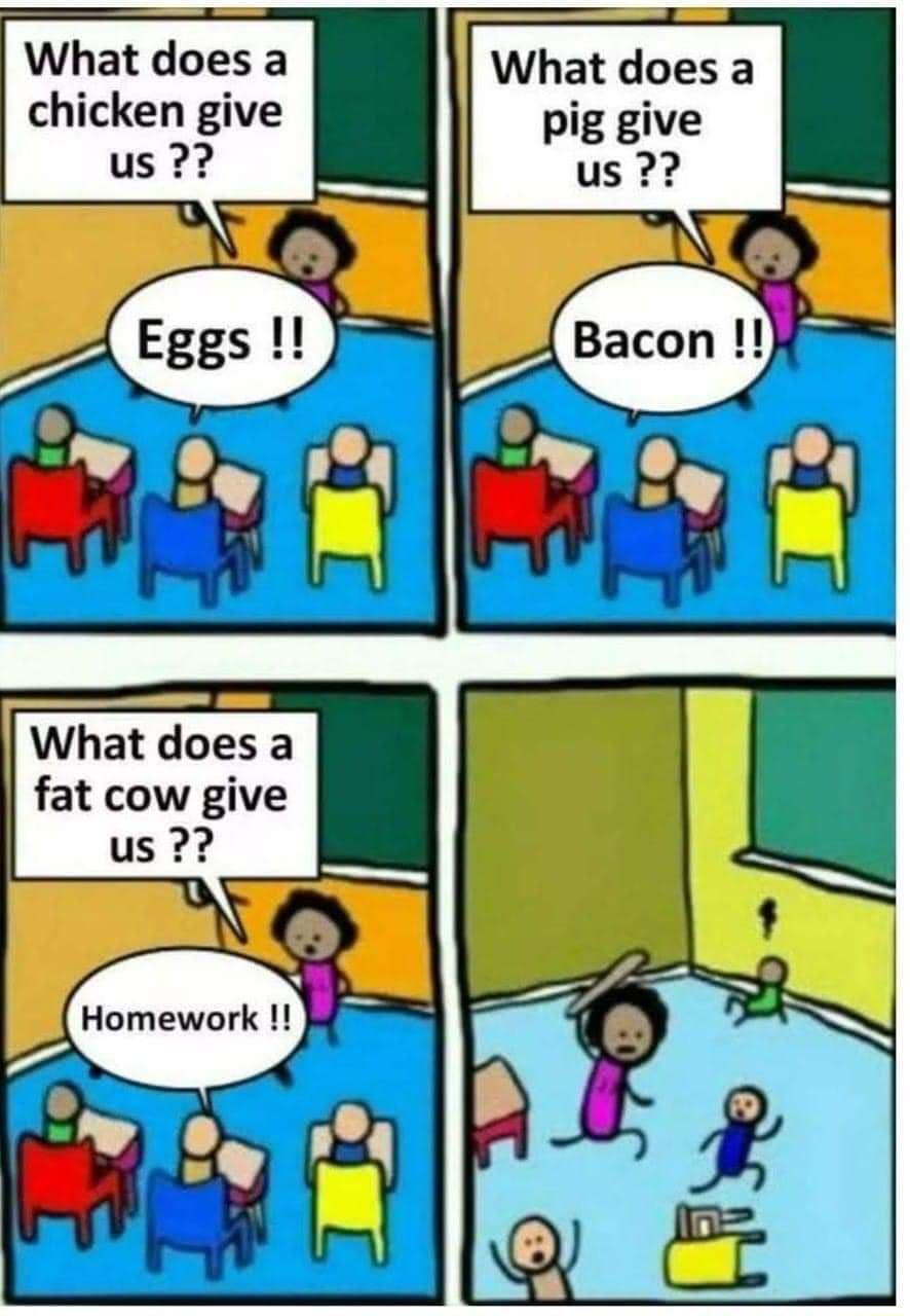 What does a What does a chicken give pig give What does a fat cow give