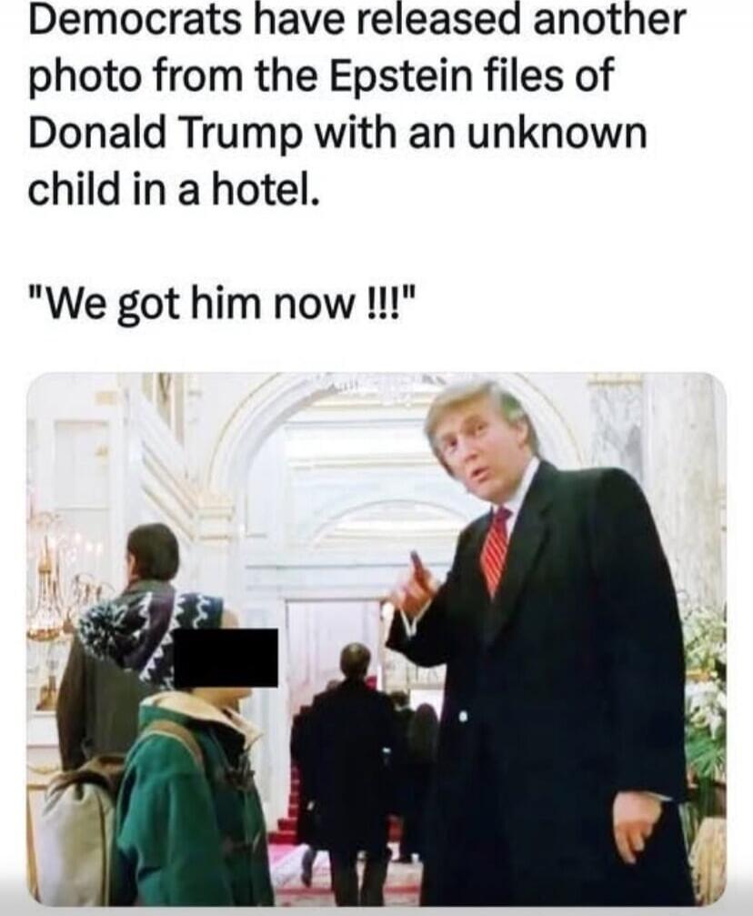 Democrats have released another photo from the Epstein files of Donald Trump with an unknown child in a hotel.


