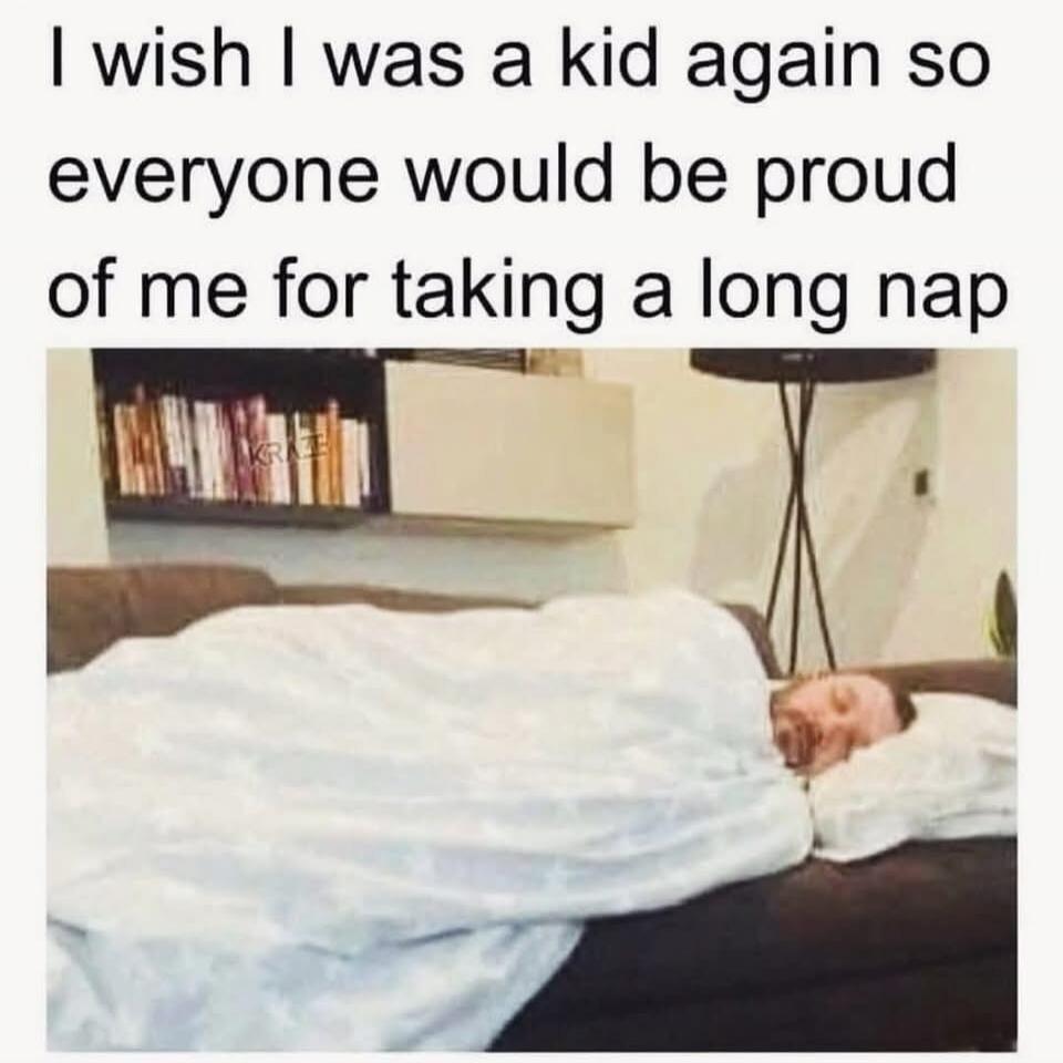 I wish I was a kid again so everyone would be proud of me for taking a long nap