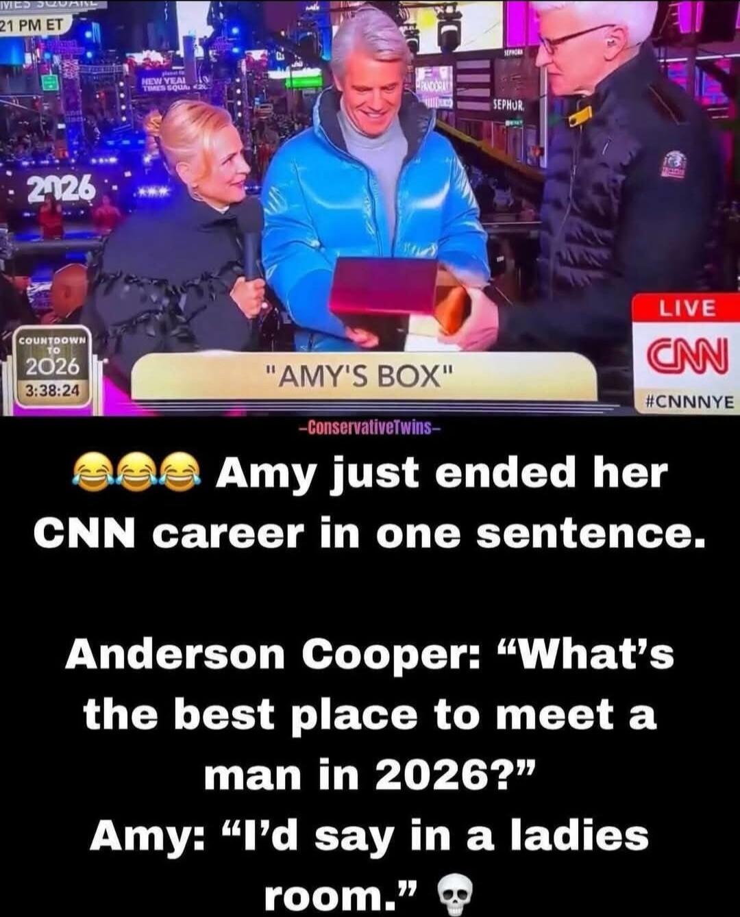 😂😂😂😂 Amy just ended her CNN career in one sentence. Anderson Cooper: “What’s the best place to meet a man in 2026?” Amy: “I’d say in a ladies room.” 💀
