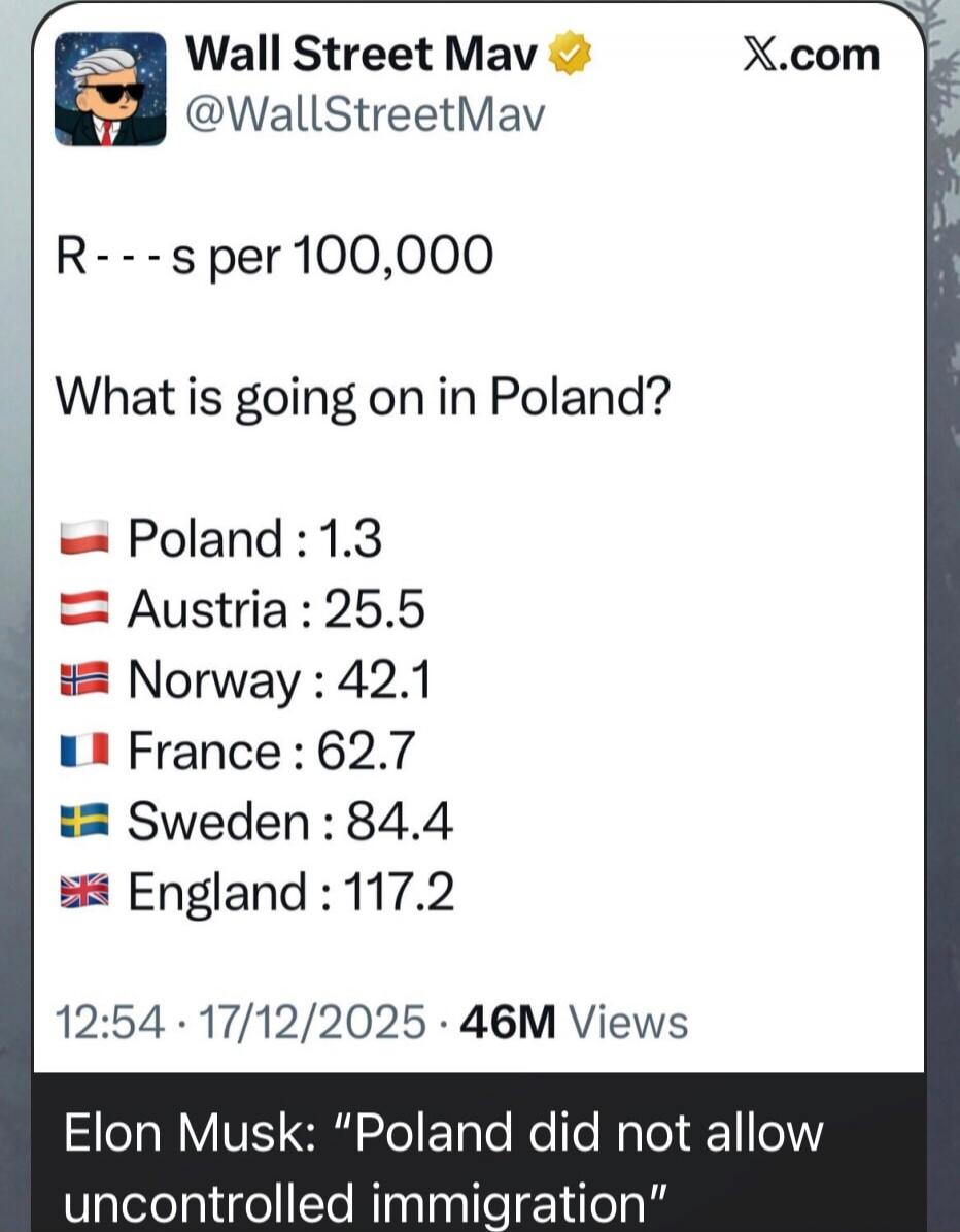 R---s per 100,000\n\nWhat is going on in Poland?\n\n🇵🇱 Poland : 1.3\n🇦🇹 Austria : 25.5\n🇳🇴 Norway : 42.1\n🇫🇷 France : 62.7\n🇸🇪 Sweden : 84.4\n🇬🇧 England : 117.2\n\n12:54 · 17/12/2025 · 46M Views\nElon Musk: “Poland did not allow uncontrolled immigration”