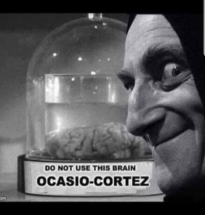 DO NOT USE THIS BRAIN OCASIO-CORTEZ. A black and white image features a character with exaggerated, sinister features, resembling Igor, looking towards a brain preserved in a jar under a glass dome. A label below the jar reads 'DO NOT USE THIS BRAIN OCASIO-CORTEZ'.