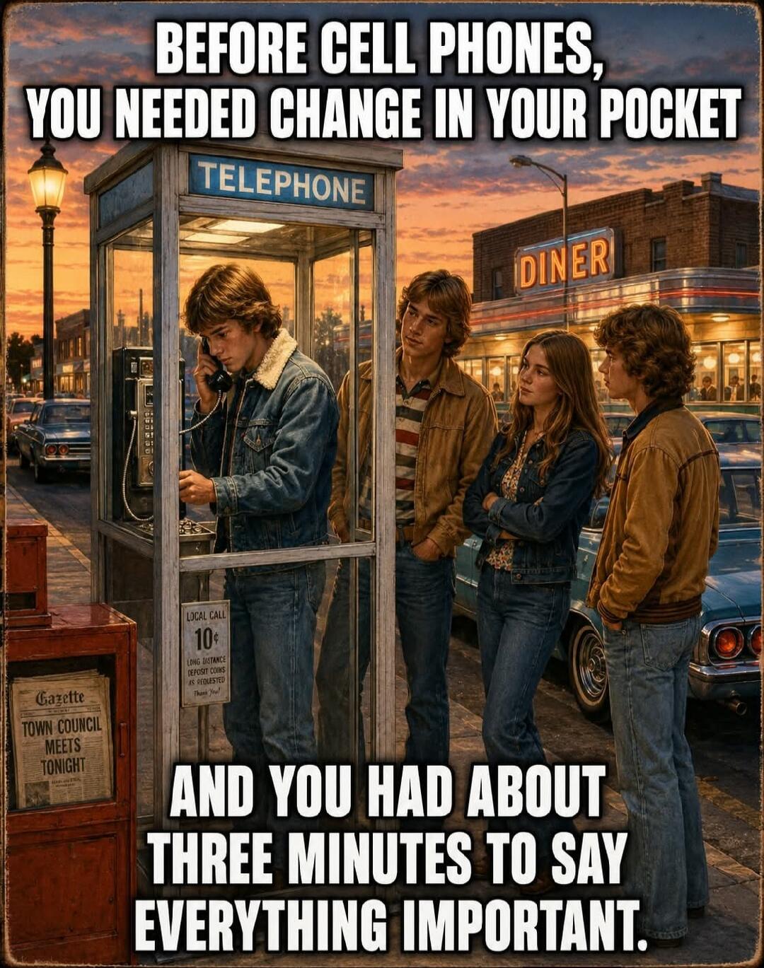 BEFORE CELL PHONES, YOU NEEDED CHANGE IN YOUR POCKET AND YOU HAD ABOUT THREE MINUTES TO SAY EVERYTHING IMPORTANT. TELEPHONE. DINER. LOCAL CALL 10¢. LONG DISTANCE DEPOSIT COINS AS REQUESTED. Thank You! GAZETTE TOWN COUNCIL MEETS TONIGHT.