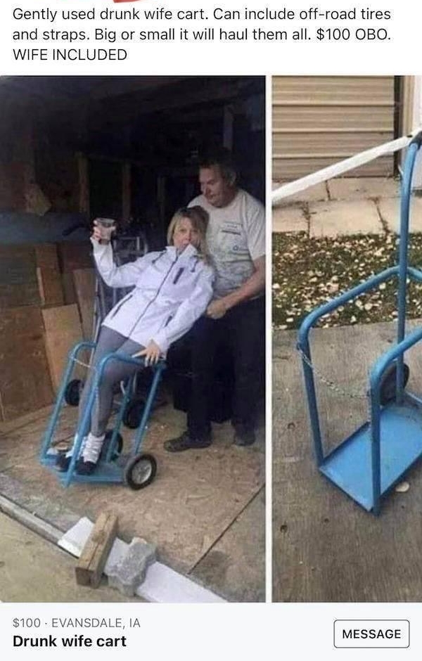 Gently used drunk wife cart Can include off road tires and straps Big or small it will haul them all 100 OBO WIFE INCLUDED