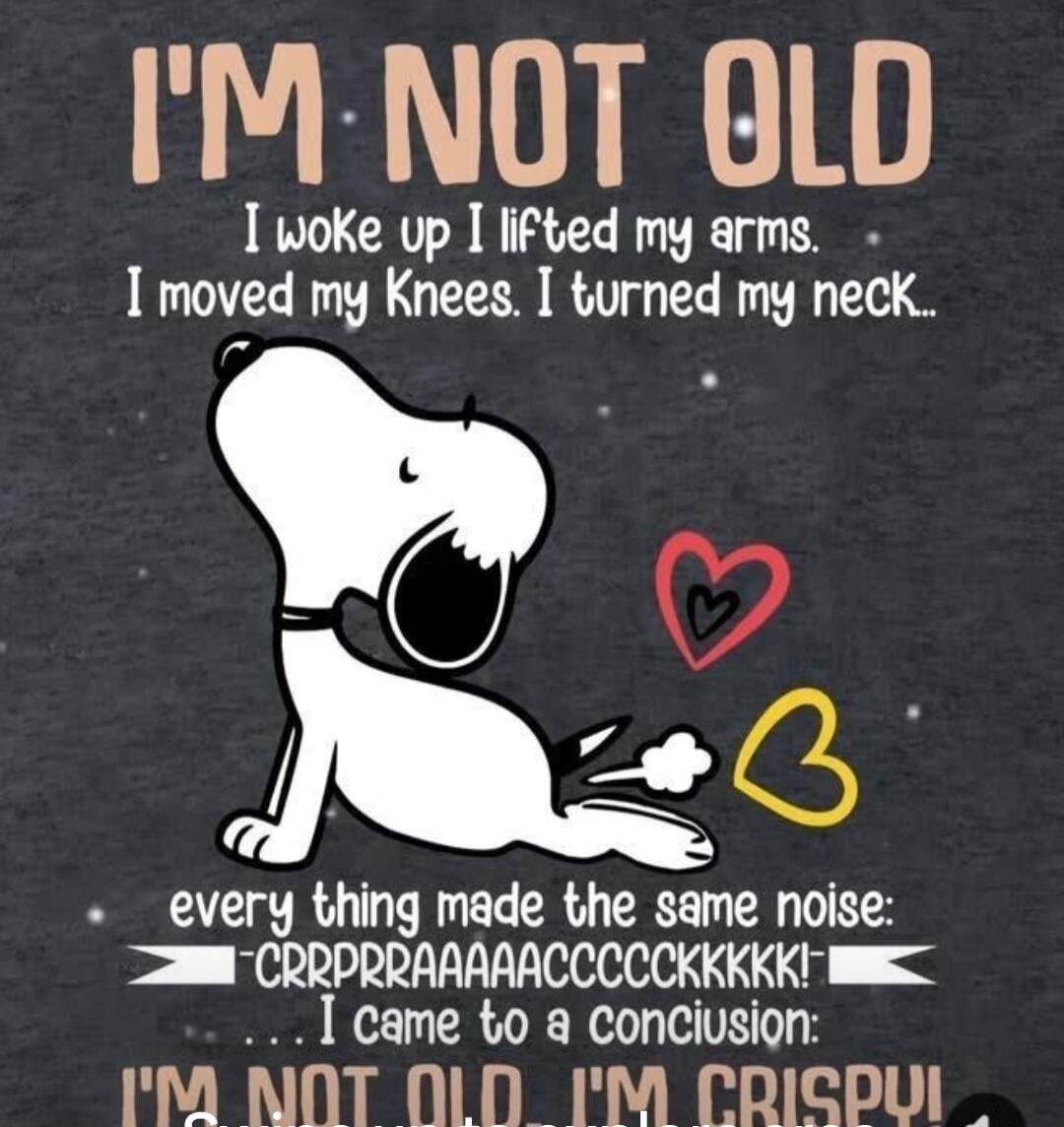 I'M NOT OLD. I woke up I lifted my arms. I moved my Knees. I turned my neck... every thing made the same noise: CRPRRAAAAACCCCKKKKK! ...I came to a conclusion: I'M NOT OLD I'M CRISPY!
