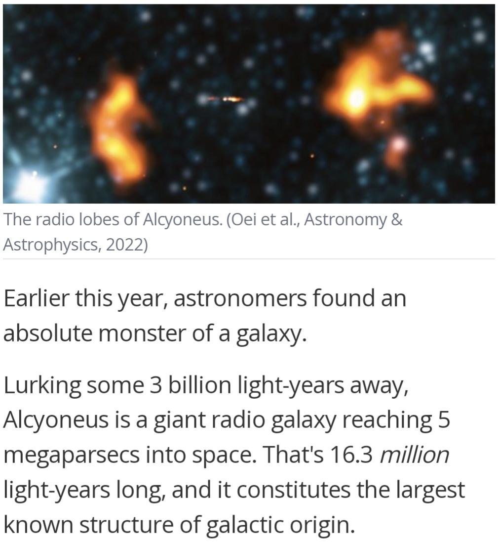 Earlier this year astronomers found an absolute monster of a galaxy Lurking some 3 billion light years away Alcyoneus is a giant radio galaxy reaching 5 megaparsecs into space Thats 163 million light years long and it constitutes the largest known structure of galactic origin