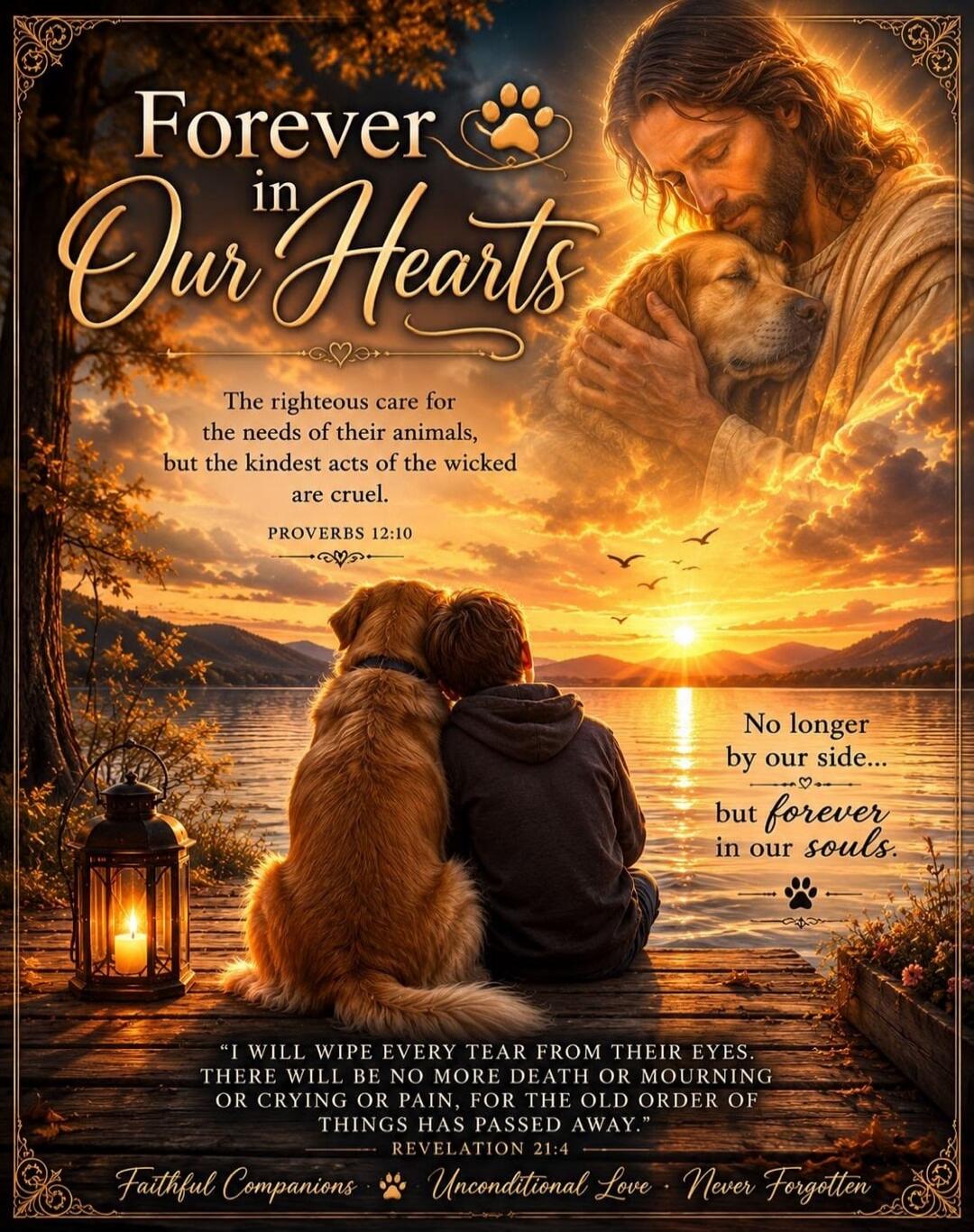 Forever in Our Hearts. The righteous care for the needs of their animals, but the kindest acts of the wicked are cruel. PROVERBS 12:10. No longer by our side... but forever in our souls. 