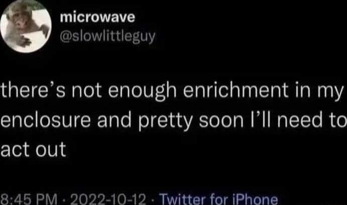 microwave slowlittleguy theres not enough enrichment in my enclosure and pretty soon Ill need to act out 845 PM 2022 10 12 Twitter for iPhone