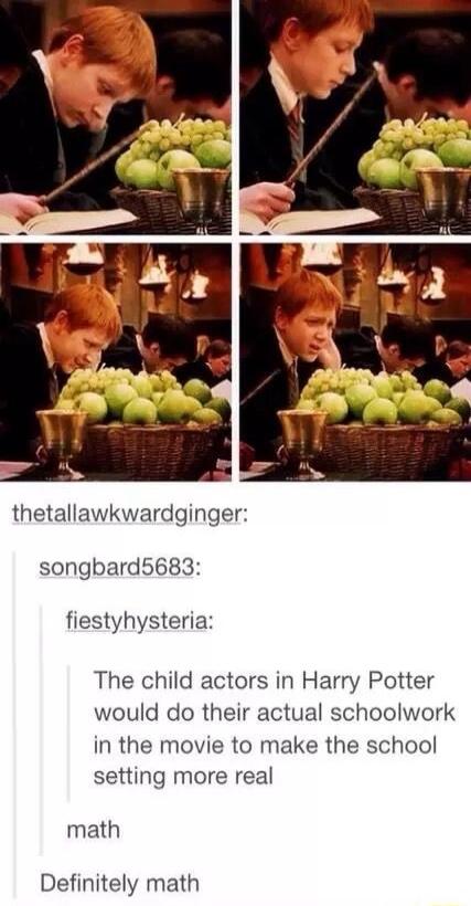 thetallawkwardginger songbard5683 fiestyhysteria The child actors in Harry Potter would do their actual schoolwork in the movie to make the school setting more real math Definitely math