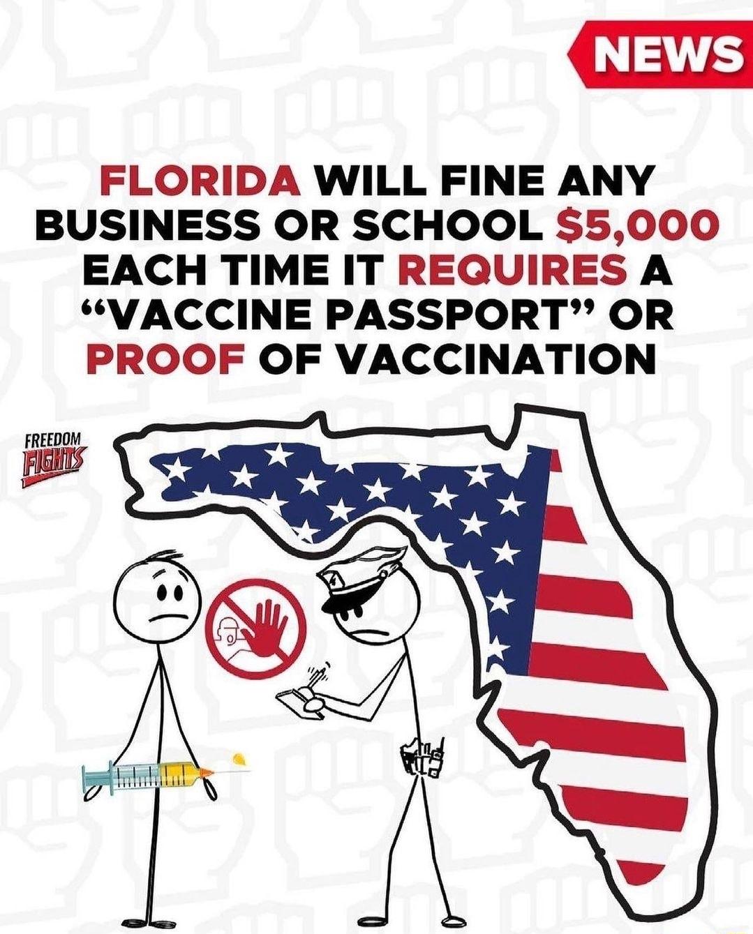 NEWS FLORIDA WILL FINE ANY BUSINESS OR SCHOOL 5000 EACH TIME IT REQUIRES A VACCINE PASSPORT OR PROOF OF VACCINATION