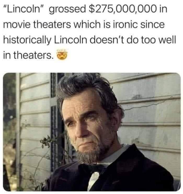 Lincoln grossed 275000000 in movie theaters which is ironic since historically Lincoln doesnt do too well in theaters