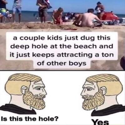 a couple kids just dug this deep hole at the beach and it just keeps attracting a ton