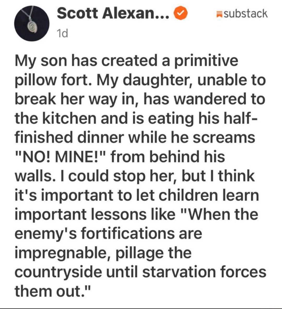 My son has created a primitive pillow fort. My daughter, unable to break her way in, has wandered to the kitchen and is eating his half-finished dinner while he screams 