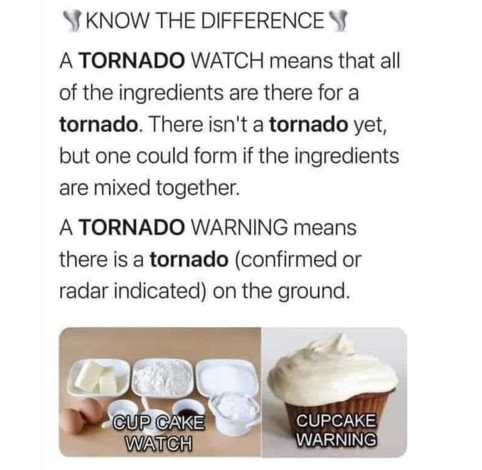Y KNOW THE DIFFERENCE A TORNADO WATCH means that all of the ingredients are there for a tornado There isnt a tornado yet but one could form if the ingredients are mixed together A TORNADO WARNING means there is a tornado confirmed or radar indicated on the ground Q UPCAKE 01U 07 WA I AZARINIINEE
