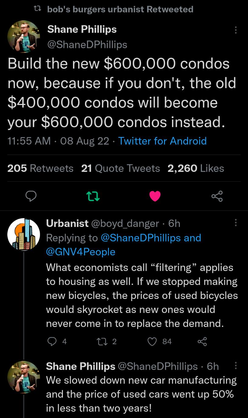 T bobs burgers urbanist Retweeted Shane Phillips IS ERE TS Build the new 600000 condos now because if you dont the old 400000 condos will become your 600000 condos instead 1155 AM 08 Aug 22 Twitter for Android 205 Retweets 21 Quote Tweets 2260 Likes 9 ol L J Urbanist boyd_danger 6h Replying to ShaneDPhillips and B aNv4People What economists call filtering applies to housing as well If we stopped m