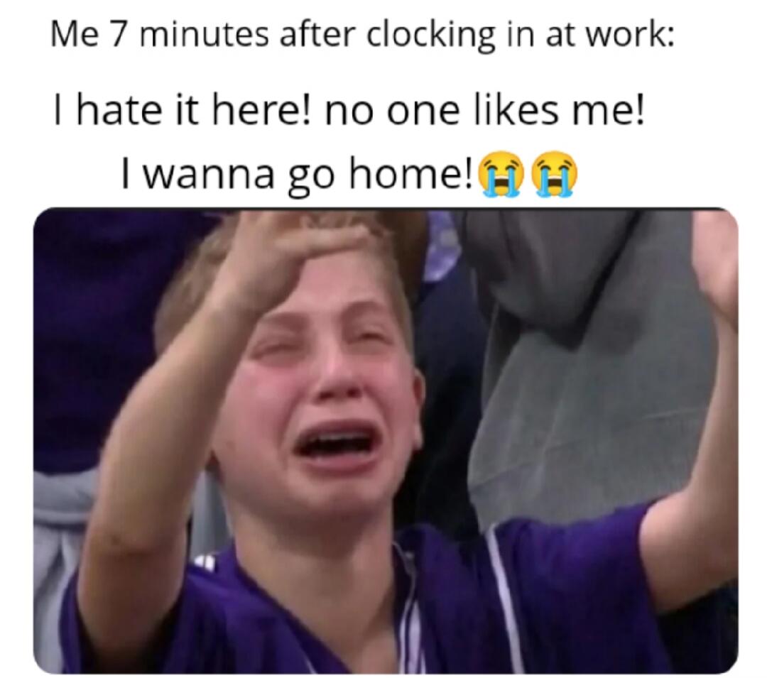 Me 7 minutes after clocking in at work: I hate it here! no one likes me! I wanna go home! 😭😭