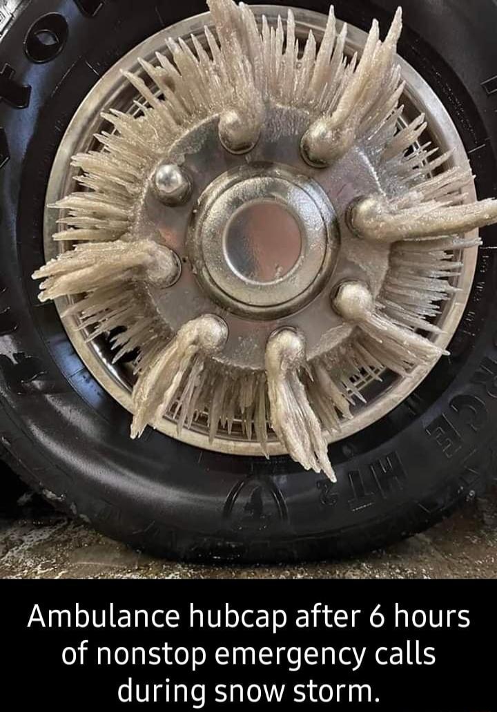 e Ambulance hubcap after 6 hours of nonstop emergency calls during snow storm