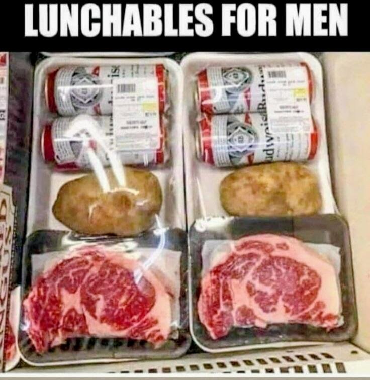 LUNCHABLES FOR MEN
[image shows trays of meat (steaks) and two smaller packs of items resembling lunchable-style products, arranged in a grocery refrigerated section.]