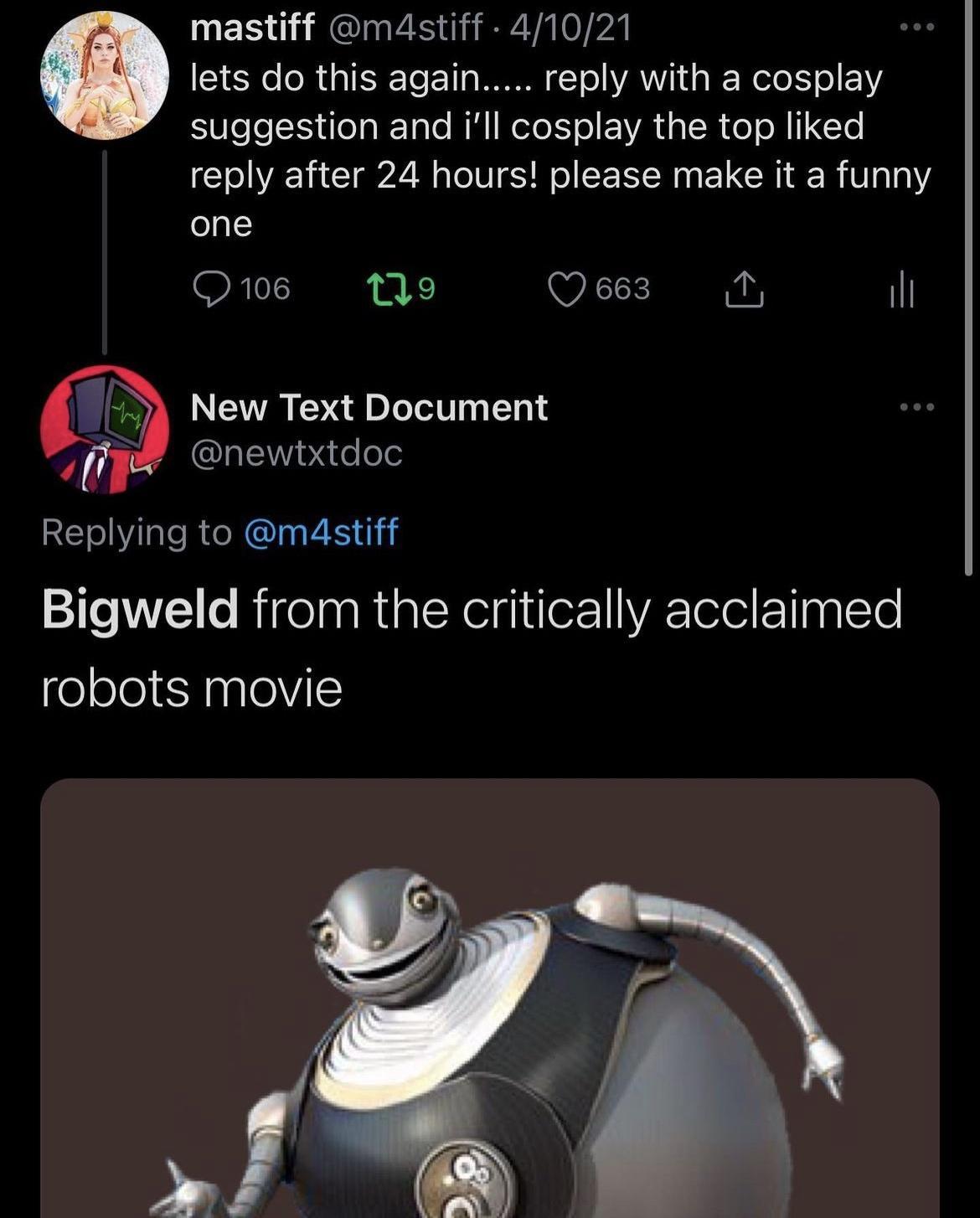 mastiff m4stiff 41021 lets do this again reply with a cosplay suggestion and ill cosplay the top liked reply after 24 hours please make it a funny one Qe 1o VI il New Text Document newtxtdoc Replying to m4stiff 2Tl e RigelaaRipteRolyi e VRETelel Ingtte elelelAne Eh