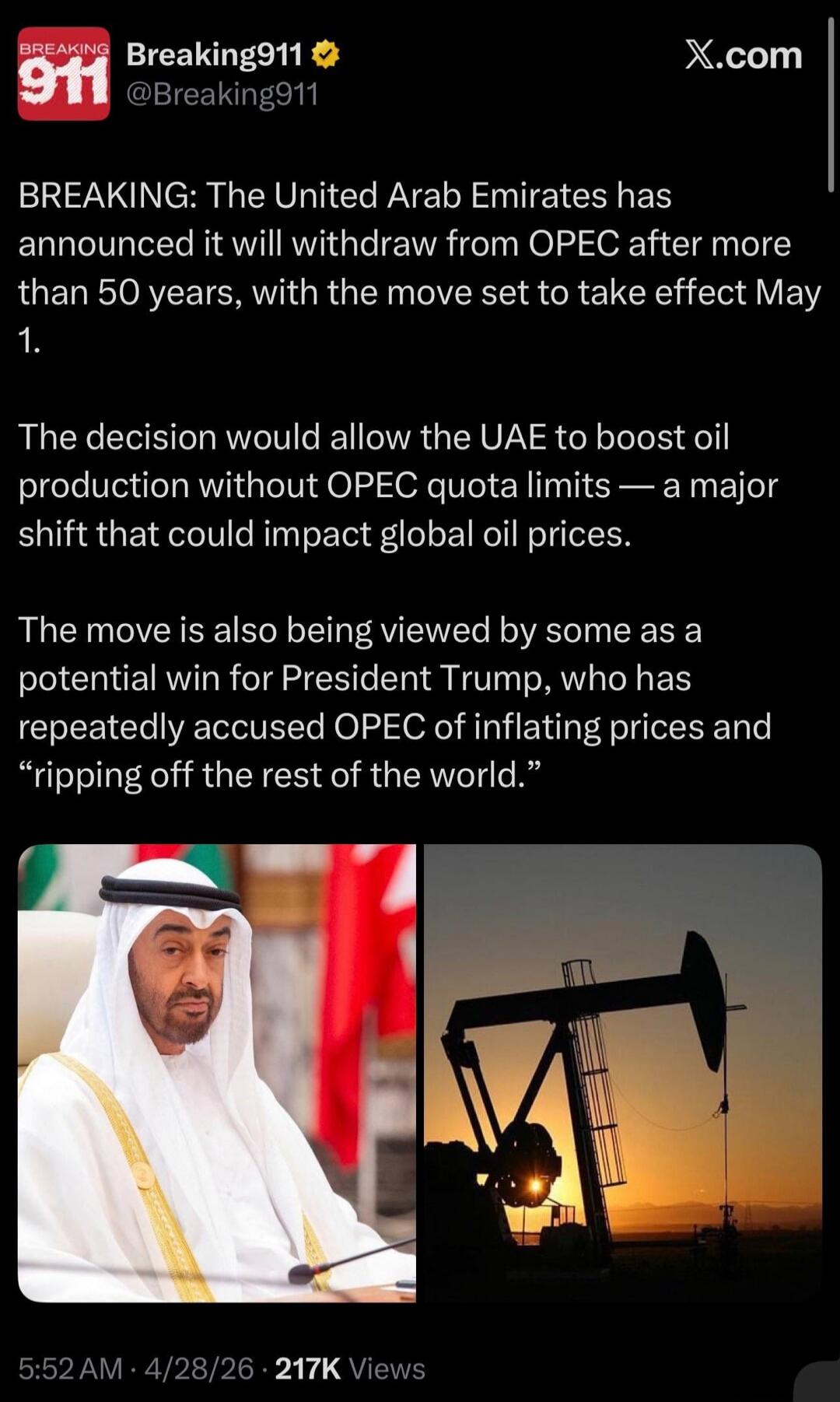 BREAKING: The United Arab Emirates has announced it will withdraw from OPEC after more than 50 years, with the move set to take effect May 1. The decision would allow the UAE to boost oil production without OPEC quota limits — a major shift that could impact global oil prices. The move is also being viewed by some as a potential win for President T