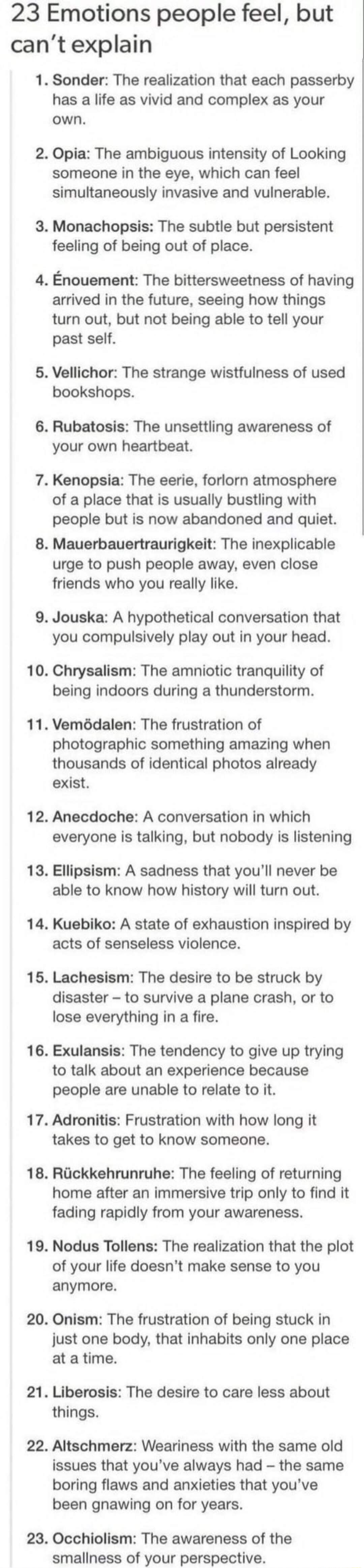23 Emotions people feel but cant explain 1 Sonder The realization that each passerby has a life as vivid and complex as your own 2 Opia The ambiguous intensity of Looking someone in the eye which can feel simultaneously invasive and vulnerable 3 Monachopsis The subtle but persistent feeling of being out of place 4 Enouement The bittersweetness of having arrived in the future seeing how things turn