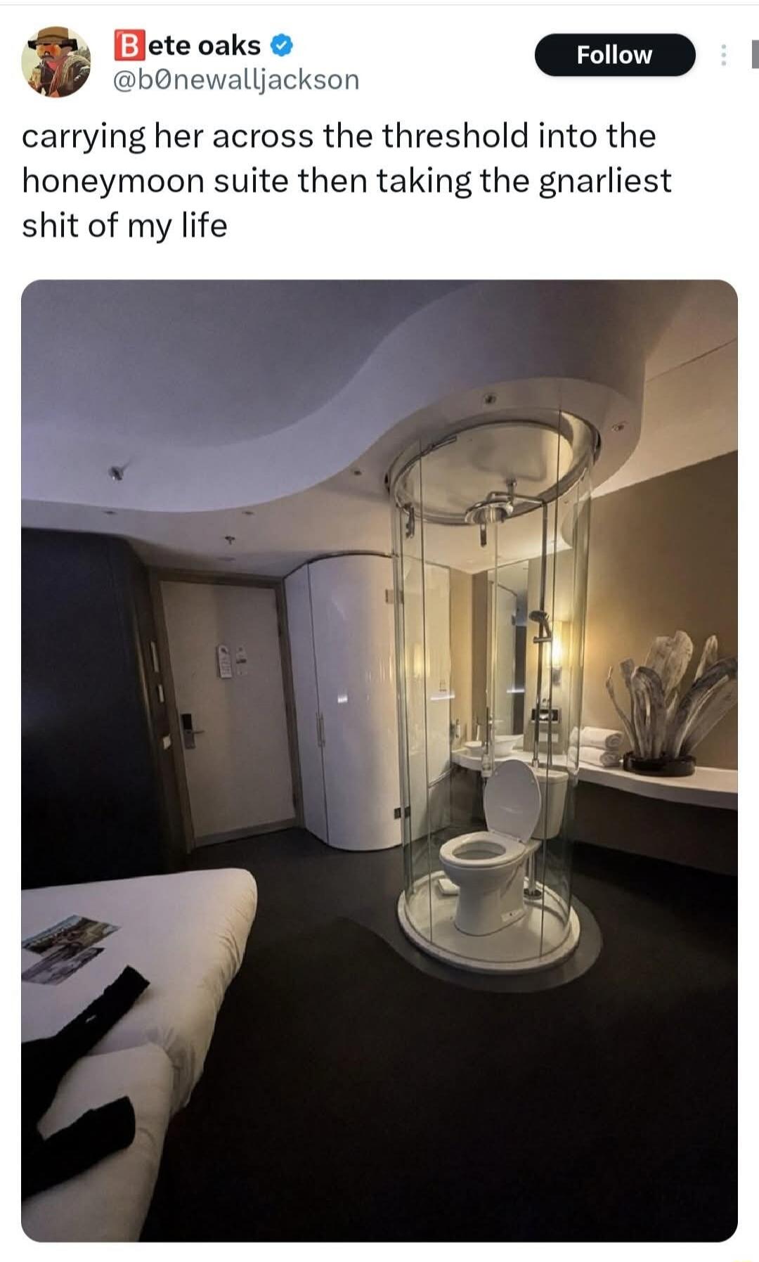 Bete oaks @b0newalljackson carrying her across the threshold into the honeymoon suite then taking the gnarliest shit of my life