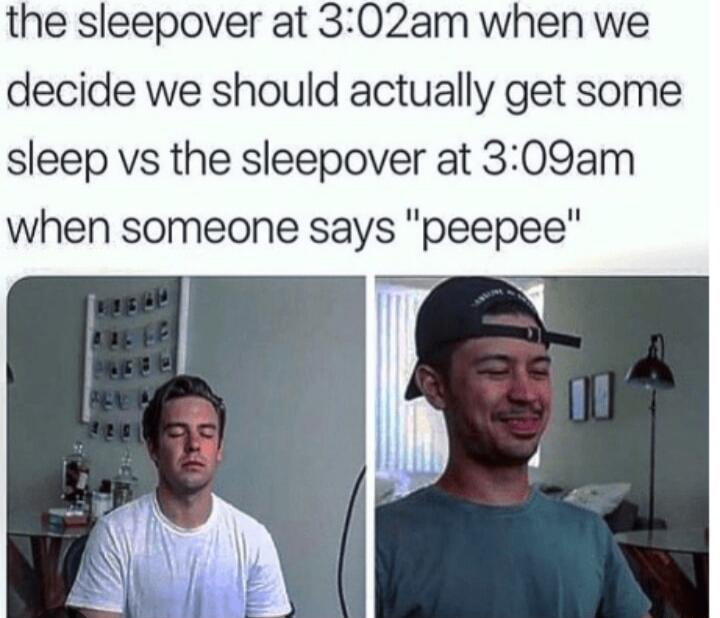 the sleepover at 302am when we decide we should actually get some sleep vs the sleepover at 309am when someone says peepee