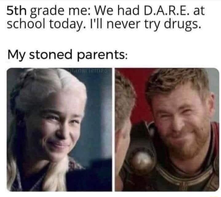 5th grade me We had DARE at school today Ill never try drugs My stoned parents