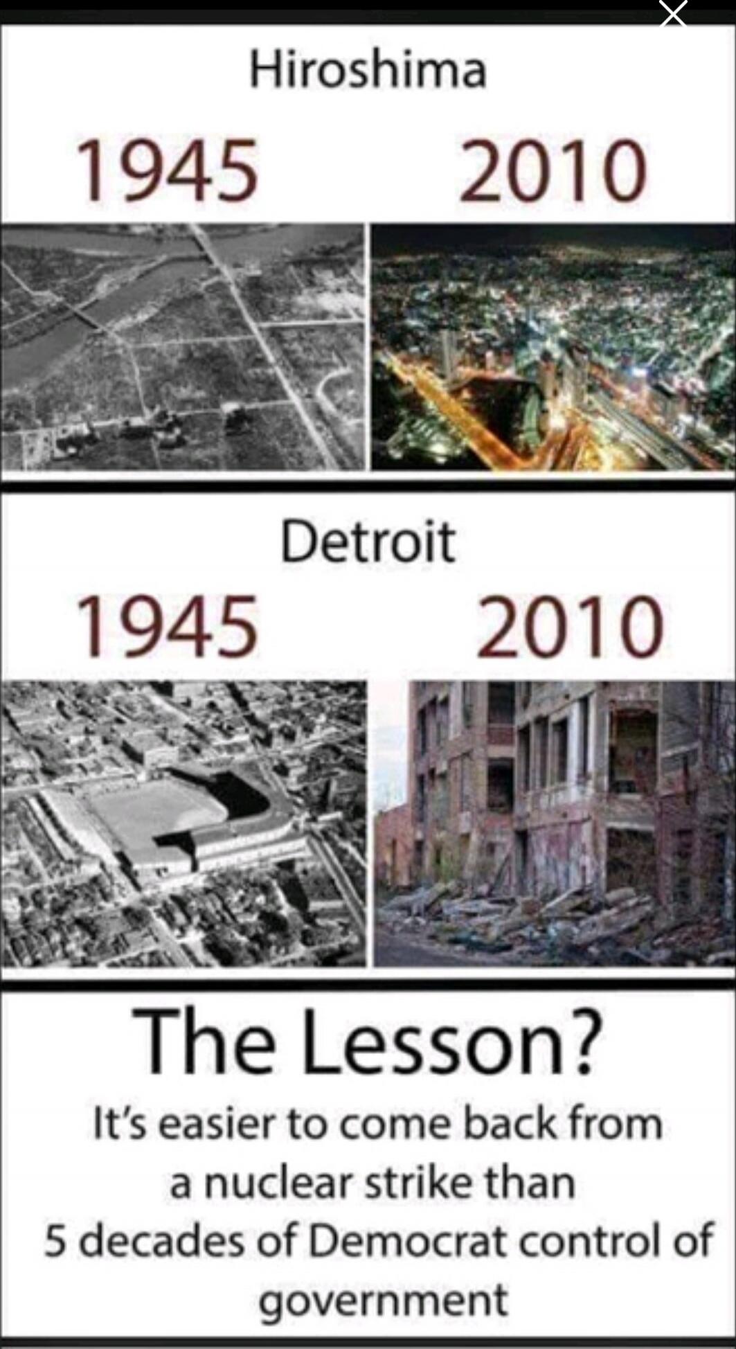Hiroshima 1945 2010 (images) Detroit 1945 2010 The Lesson? It's easier to come back from a nuclear strike than 5 decades of Democrat control of government